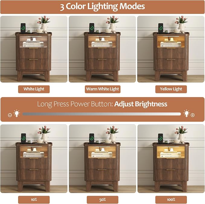 Turosur Night Stand with Charging Station, Fluted Nightstand with 2 Drawers and LED Light, Wood Bedside Table with Open Storage for Bedroom, Walnut