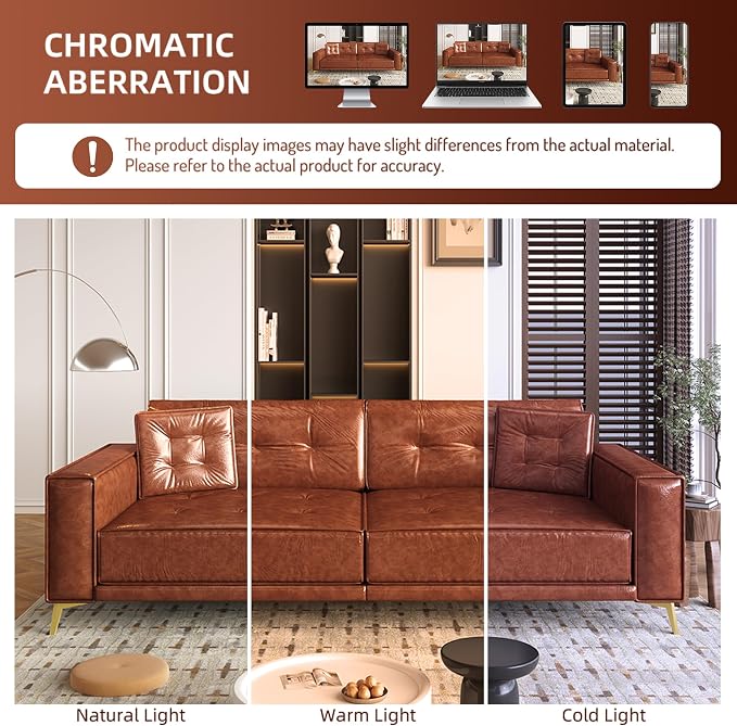 92.1'' Pull Out Sofa Bed King, Faux Leather Futon Couch, 3-in-1 Convertible Sleeper Sofa with Tufted Back, Gold Furniture Legs, Deep Loveseat for Living Room, Apartment, Office, Light Brown