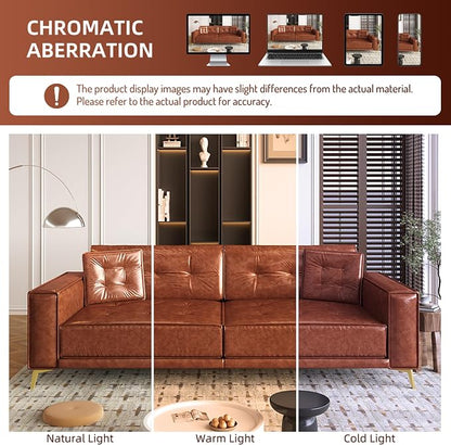 92.1'' Pull Out Sofa Bed King, Faux Leather Futon Couch, 3-in-1 Convertible Sleeper Sofa with Tufted Back, Gold Furniture Legs, Deep Loveseat for Living Room, Apartment, Office, Light Brown