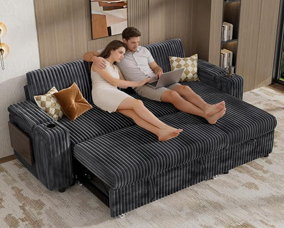 Vipbear 86" Modular Sectional Sleeper Sofa with Pull Out Bed, 3 Seat Plush Corduroy L Shaped Couch with Storage Chaise|USB Ports|Cup Holders|Side Table|Storage Armrests, Tool Free Assembly, Grey
