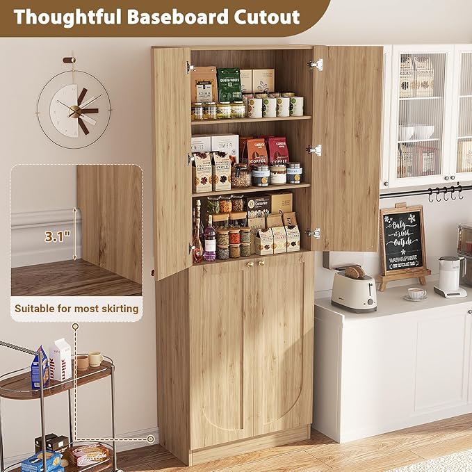 Cyclysio 80" Kitchen Pantry, Extra Tall Arch Storage Cabinet with 8 Soft Close Doors and Adjustable Shelves, Freestanding Wood Cupboard with Seamless Fit Wall for Dining Living Room Bathroom Furniture