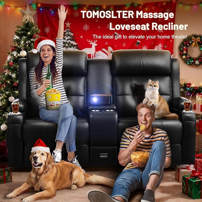 Loveseat Recliner Sofa, Home Theater Seating with Massage, Reclining Loveseats with Console, Wall Hugger RV Couch Movie Theater Chairs, RV Furniture Sofas with USB, Cup Holders, Drawer for Gaming Room