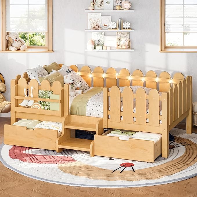 Bellemave Twin Kids Montessori Bed with Stairs, Bookshelf and LED Lights, Solid Wood Kids Bed Frame with Storage Drawers for Boys Girls, Low Profile,Natural