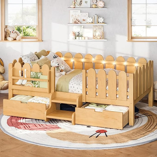 Bellemave Twin Kids Montessori Bed with Stairs, Bookshelf and LED Lights, Solid Wood Kids Bed Frame with Storage Drawers for Boys Girls, Low Profile,Natural
