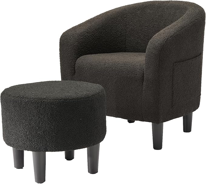 GarveeHome Accent Chair with Ottoman, Boucle Barrel Armchair, Modern Club Chair with Stool for Bedroom Reading Room, Stylish Corner Chair, Black
