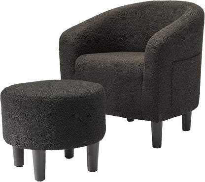 GarveeHome Accent Chair with Ottoman, Boucle Barrel Armchair, Modern Club Chair with Stool for Bedroom Reading Room, Stylish Corner Chair, Black
