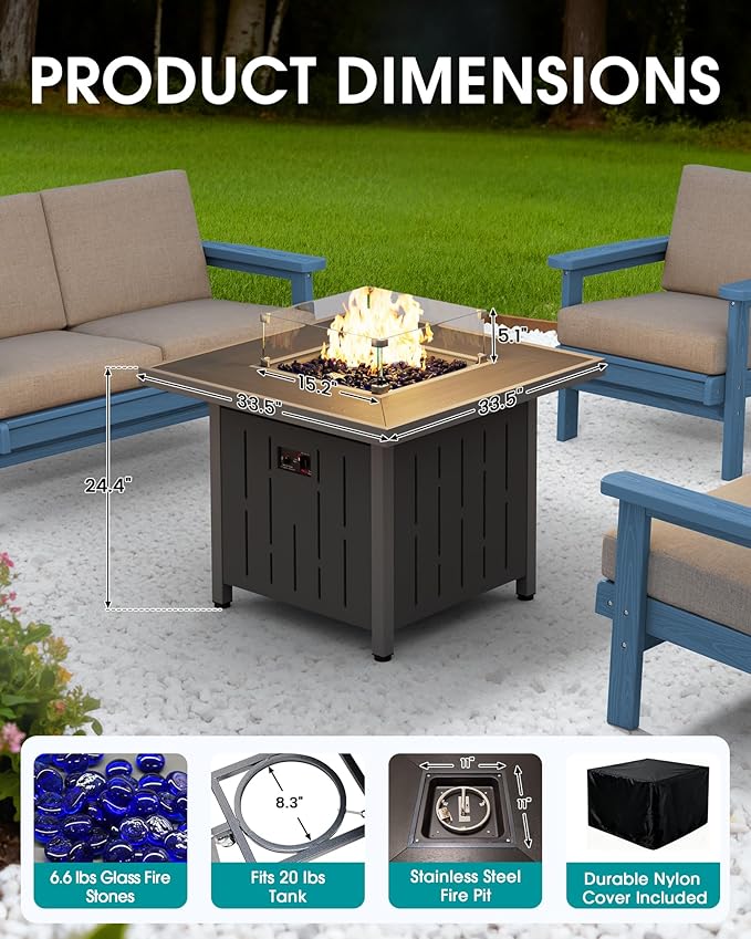 SERWALL Patio Furniture Set with 33” Fire Pit Table, HDPE Outdoor Sectional Sofa Set with Thickened Cushions, Blue Frame with Grey Cushions