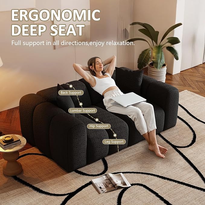 WHGBJA Loveseat Boneless Couch with Memory Foam, Armset, Chenille Fabric, Black Sofa Couch for Living Room/Bedroom, 70"