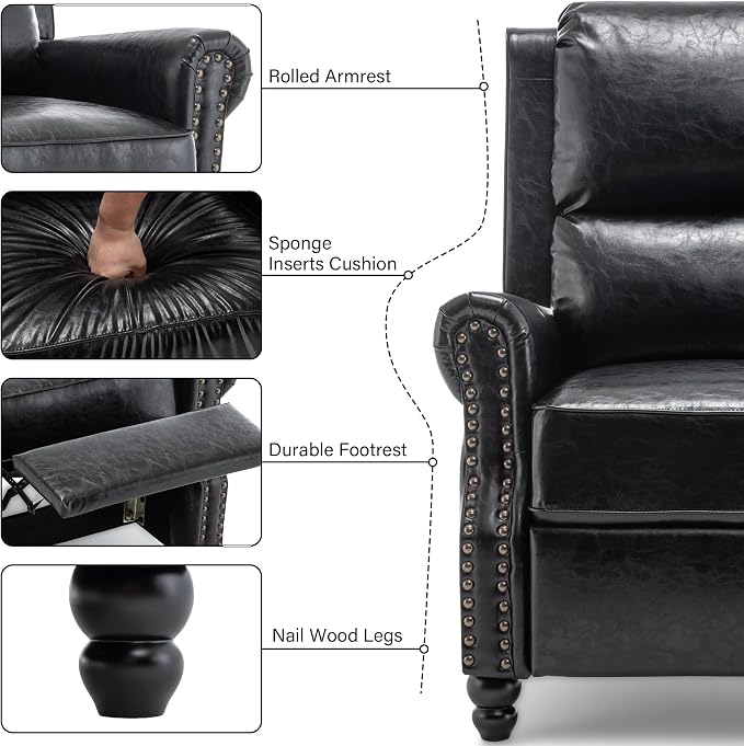Faux Leather Recliner Chair, Modern Pushback Armchair with Adjustable Backrest & Footrest for Bedroom, Living Room (Black,Set of 1)