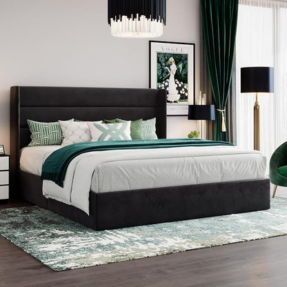 SHA CERLIN King Size Lift Up Storage Bed/Velvet Upholstered/Modern Wingback Headboard/Upholstered Platform Bed Frame/Hydraulic Storage/No Box Spring Needed/Black