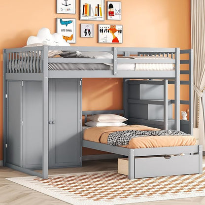 Merax Full Over Twin Bunk Bed with Wardrobe and Drawers, Gray