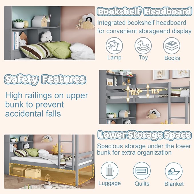 Twin Over Twin Bunk Bed with Storage Bookcase Headboard for Kids Boys Girls Teens, Rubber Wood Bunk Beds Frame with Storage Shelves, Can Be Separated into 2 Platform Beds, Gray