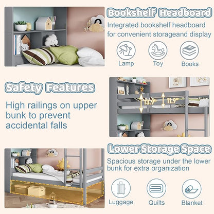 Twin Over Twin Bunk Bed with Storage Bookcase Headboard for Kids Boys Girls Teens, Rubber Wood Bunk Beds Frame with Storage Shelves, Can Be Separated into 2 Platform Beds, Gray