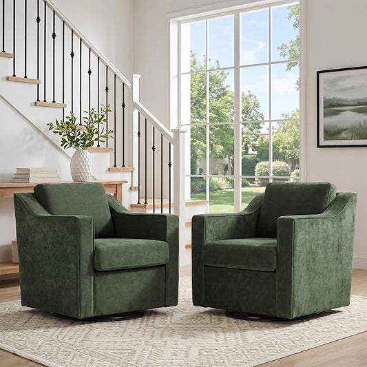 Swivel Accent Chair, Modern Round Barrel Arm Chair for Living Room, Bedroom, Comfy Club Reading Chairs for Adults (Chenille Green, Set of 2)