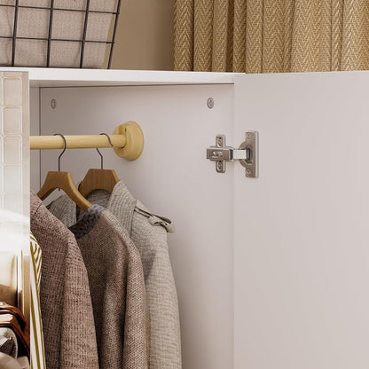 PAKASEPT 4 Doors Armoire Wardrobe Closet with Led Light & Mirror, Bedroom Large Capacity Freestanding Armoire Wardrobe with Drawers, Storage Cabinet with Hanging Rod Storage Closet for Bedroom