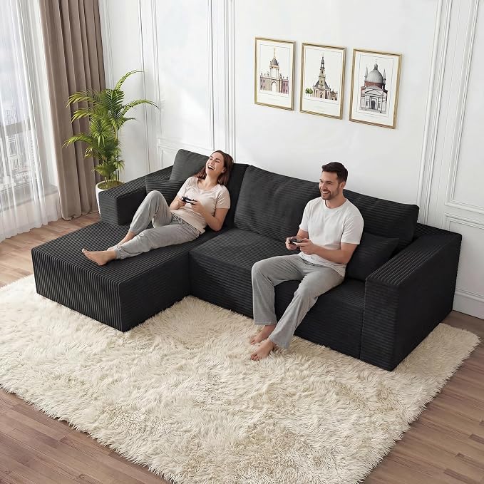 108" Modular Cloud Couch,L-Shaped Sectional Sofa with Deep Seats & Chaise,Upholstered Corduroy Boneless Couch for Living Room,No Need Assembly,Black(Left Facing Chaise)