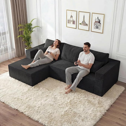 108" Modular Cloud Couch,L-Shaped Sectional Sofa with Deep Seats & Chaise,Upholstered Corduroy Boneless Couch for Living Room,No Need Assembly,Black(Left Facing Chaise)