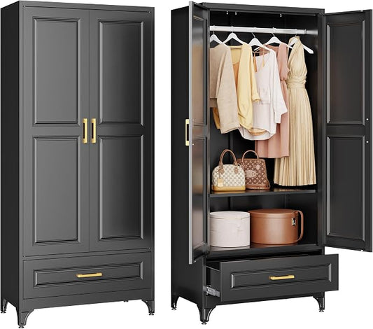 Metal Wardrobe Cabinets with Drawers,Black Armoire Wardrobe Closet with Hanging Rod,Clothes Storage Cabinet with Adjustable Shelves and Doors,Clothing Cabinet for Bedroom,Laundry Room