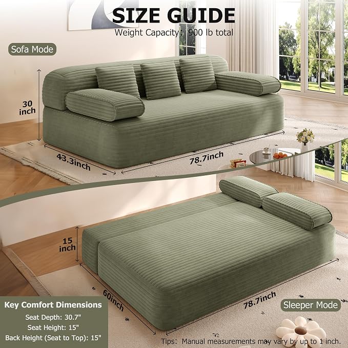 78.7" Queen Sofa Bed, Corduroy Boneless Couch in a Box, No Assembly | 30.7" extra-deep seat converts to a 78.7" x 60" queen sleeper with 3 pillows, no assembly, ideal for small spaces, Green