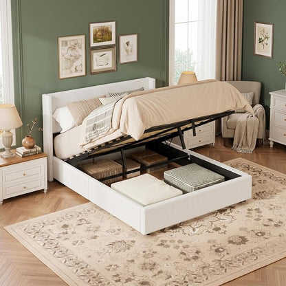 Garvee Queen Lift Up Storage Bed Frame, Corduroy Upholstered Platform Bed with Gas Lift, Padded Headboard, Wooden Slat Support, No Box Spring Needed, Easy Assembly, White