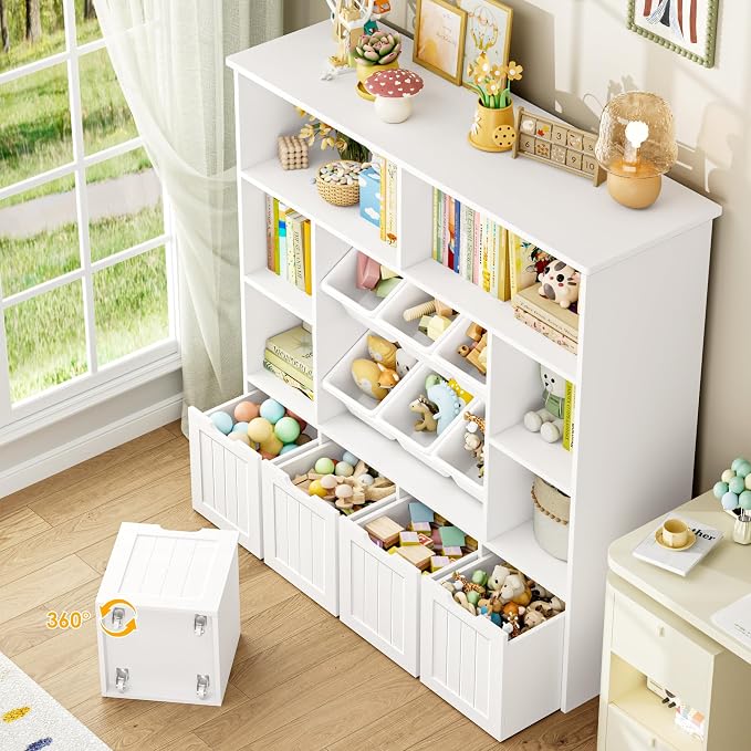 FINETONES Toy Storage Organizer with 6 Toy Bins, Large Toy Organizers and Storage with 4 Movable Drawers and 6 Storage Cubbies, Kids Toy Storage and Toy Chest for Playroom and Kids Room, White