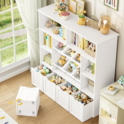 FINETONES Toy Storage Organizer with 6 Toy Bins, Large Toy Organizers and Storage with 4 Movable Drawers and 6 Storage Cubbies, Kids Toy Storage and Toy Chest for Playroom and Kids Room, White