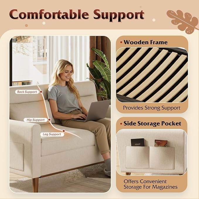 WLIVE 62" Loveseat Sofa, Mid Century Modern Small Couches for Living Room, Button Tufted Upholstered Couch for Bedroom, Solid Wood Frame, Easy to Install Furniture, Beige