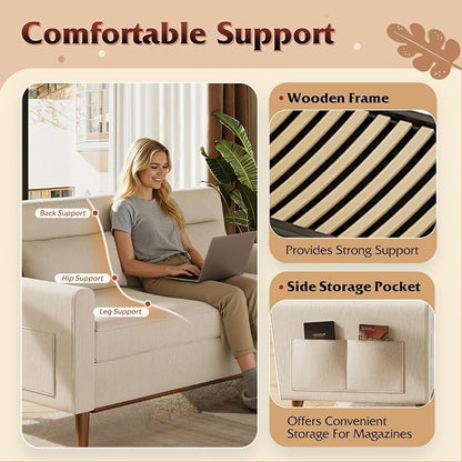 WLIVE 62" Loveseat Sofa, Mid Century Modern Small Couches for Living Room, Button Tufted Upholstered Couch for Bedroom, Solid Wood Frame, Easy to Install Furniture, Beige