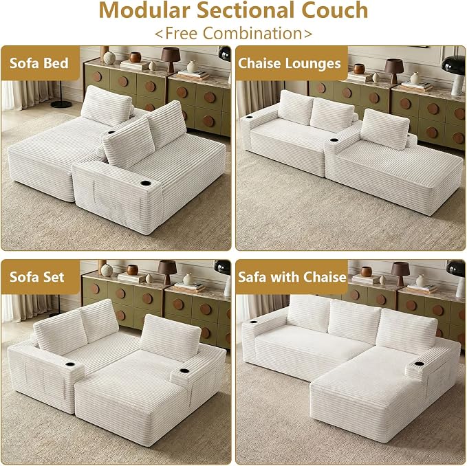 104" Cloud Sectional Couch L-Shaped with Side Pockets Cup Holders, Corduroy Boneless Couch for Living Room,Upholstered Deep-Seat Modular Sectional Sofa,No Assembly Required (White,Right Facing Chaise)