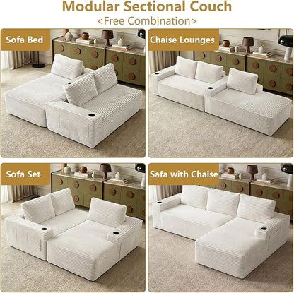 104" Cloud Sectional Couch L-Shaped with Side Pockets Cup Holders, Corduroy Boneless Couch for Living Room,Upholstered Deep-Seat Modular Sectional Sofa,No Assembly Required (White,Right Facing Chaise)