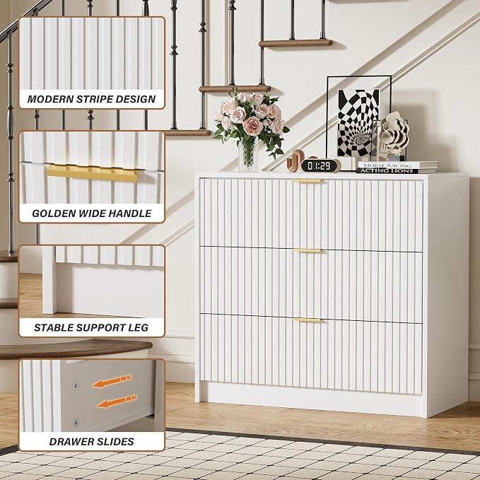 Furniway 3 Piece Bedroom Set, 9 Drawer Dresser and Nightstand Set of 2 with Gold Handles, Modern Wood Chest of Drawers Storage Cabinet for Bedroom, White