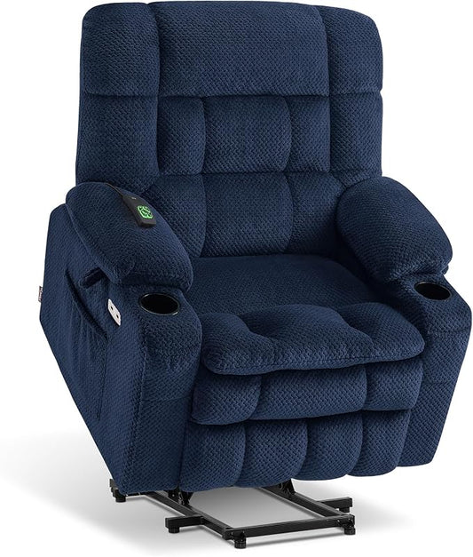 MCombo Small Dual Motor Power Lift Recliner Chair for Elderly, Zero Gravity Lift Chair with Heat and Massage, Lay Flat Recliner for Petite, USB Ports, Fabric R7894 (Small-Wide, Navy Blue)