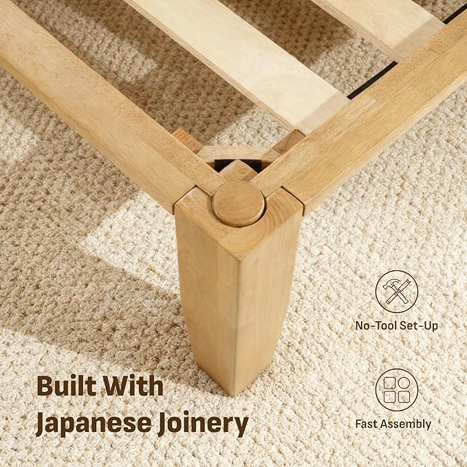 Softa Mikor King Japanese Joinery Bed Frame with Headboard, Solid Rubberwood, 1500 Lbs Heavy Duty Slats Support, SGS Certified, No-Tool Setup, Hidden Storage, USB-A/C Port, No Box Spring Needed