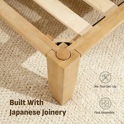 Softa Mikor King Japanese Joinery Bed Frame with Headboard, Solid Rubberwood, 1500 Lbs Heavy Duty Slats Support, SGS Certified, No-Tool Setup, Hidden Storage, USB-A/C Port, No Box Spring Needed