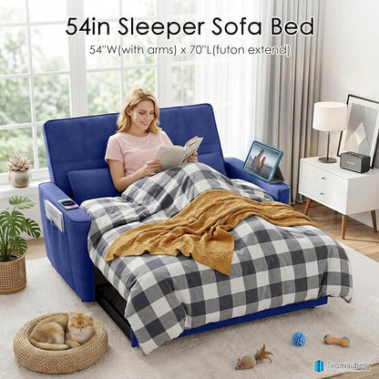 54'' Sleeper Sofa Bed, Convertible Pull Out Couch Futon for for Living Room,Apartment (Blue, Loveseat) Side Pockets, Velvet Fabric, Adjustable Backrest, Pull-Out Bed, Easy Assembly