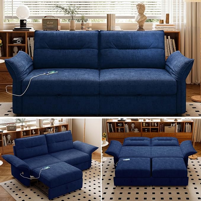 85'' Sofa Bed Full, Assembly, 3 in 1 Sleeper Sofa Beds, Flannel Pull Out Couch for Living Room, Charging & Adjustable Armrest, Comfy Loveseat for Small Space, Flannel Blue