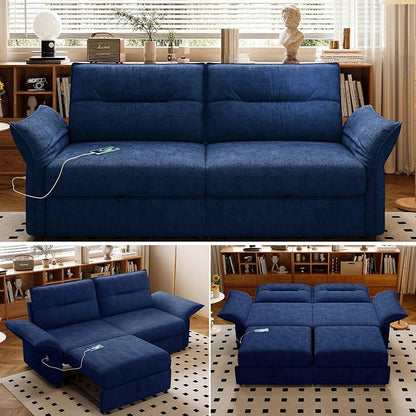 85'' Sofa Bed Full, Assembly, 3 in 1 Sleeper Sofa Beds, Flannel Pull Out Couch for Living Room, Charging & Adjustable Armrest, Comfy Loveseat for Small Space, Flannel Blue