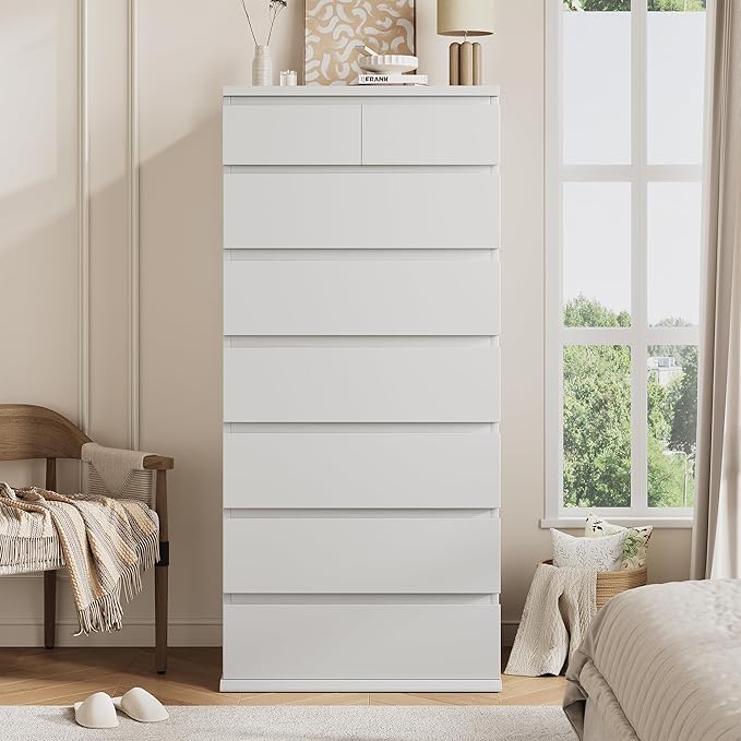 Jocoevol White Tall 8 Drawer Dresser for Bedroom,Dressers & Chests of Drawers with Jewelry Storage,Wood Storage Dresser with Deep Drawers for Living Room Hallway Entryway(55.3" L*23.6" W*15.7")