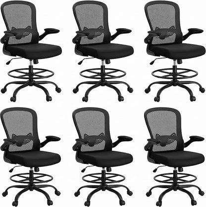 ErGear Drafting Chair, Standing Desk Chair with Flip-Up Armrests, High Desk Chair Adjustable Height, Ergonomic Tall Office Chair with Lumbar Support and Adjustable Footrest Ring,6 Pack