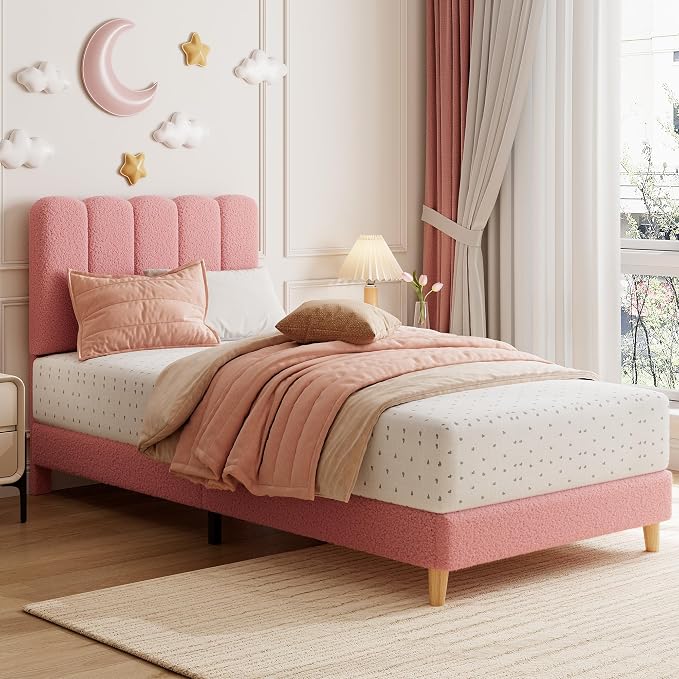 GarveeHome Twin XL Bed Frame, Upholstered Platform Bed with Wave Headboard for Girls/Kids, Easy Assembly, Wooden Slats Support, No Box Spring Needed, Boucle Pink