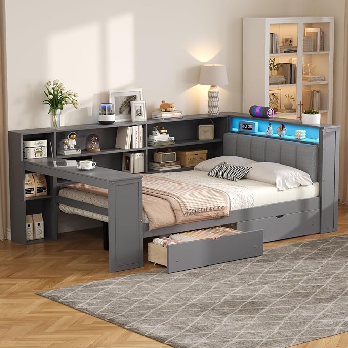 Bellemave Full Corner Bed with Storage Shelves and Desk, Upholstered Headboard Daybed with Bookcase and Drawers，Daybed with Storage, Grey+ Grey Cushion