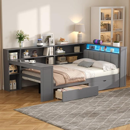 Bellemave Full Corner Bed with Storage Shelves and Desk, Upholstered Headboard Daybed with Bookcase and Drawers，Daybed with Storage, Grey+ Grey Cushion