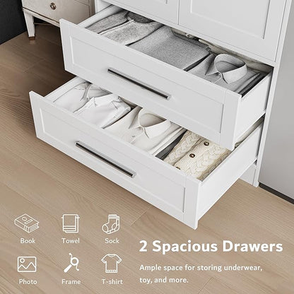 iPormis Armoire Wardrobe Closet with 2 Drawers, Modern Wooden Bedroom Armoire with Doors, Clothing Storage Cabinet with Aluminum Hanging Rod, Wardrobe Storage with Strong Door Closure, White