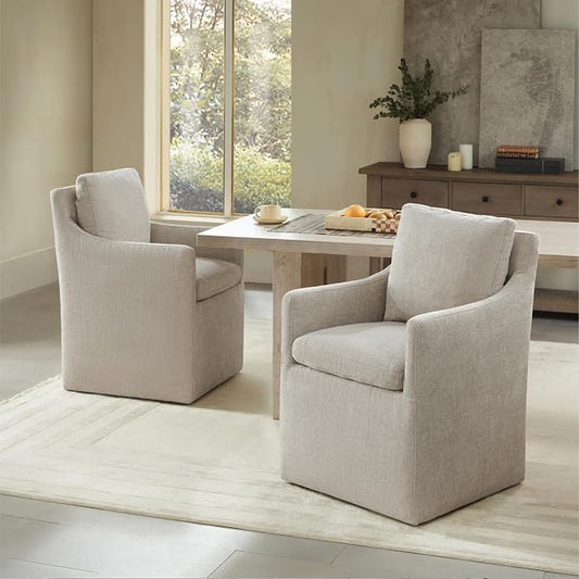 KISLOT Upholstered Dining Chairs with Casters, No Assembly Modern Accent Armchair with Rollers for Dining Room, Bedroom, Living Room, Reading Room, Already Assembled, Sand, 2 Box