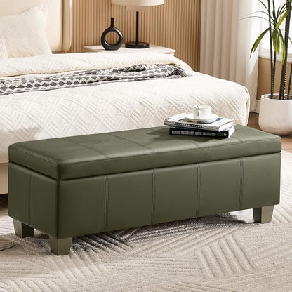 WUTUTUEE 51" Faux Leather Storage Ottoman, Stitch Tufted Rectangle Upholstered End of Bed Storage Bench, Entryway Large Couch Ottoman with Wooden Legs,Green