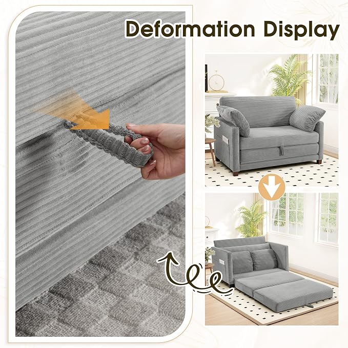 51" Convertible Loveseat Sofa Bed, 2-in-1 Folding Sofa Bed with 2 Pillow for Small Spaces, Modern Loveseat Sleeper Couch for Apartment, Living Room & Guest Room (Light Grey Corduroy, 51 inch)