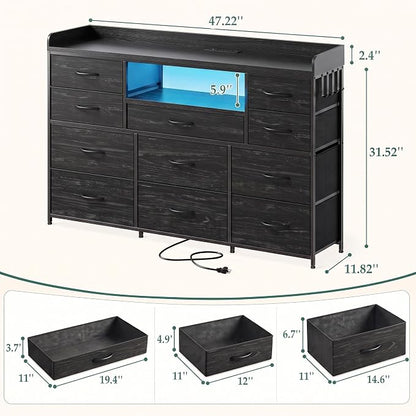 Bepatio LED Dresser for Bedroom with 11 Drawers,Power Strip,4 Hooks,Black | Stylish Dressers & Chests of Drawers with 2 Wood Storage Shelves, TV Stand for 50/55/60 Inch TVs, Sturdy Metal Frame