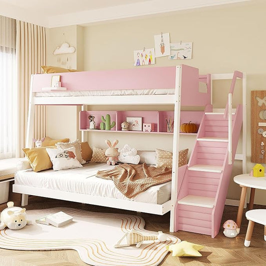 Wood Bunk Bed Full XL Over Queen with Staircase and Side Shelves | Light Strip Included, Striped-Design Stairs, Kids Teens Adults, Space-Saving Design, Versatile Bed Frame