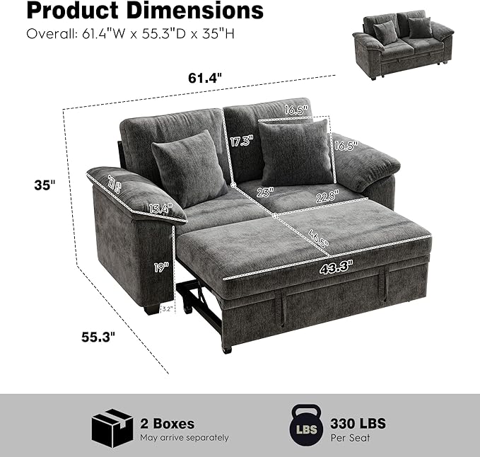 Ihanherry 61" Loveseat Sleeper Sofa, 2-in-1 Pull Out Couch Bed with 2 Pillows, Chenille Convertible Sofa Bed, Small Space Sleeper Couch for Living Room Apartment (Grey)