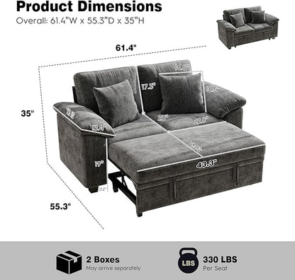 Ihanherry 61" Loveseat Sleeper Sofa, 2-in-1 Pull Out Couch Bed with 2 Pillows, Chenille Convertible Sofa Bed, Small Space Sleeper Couch for Living Room Apartment (Grey)